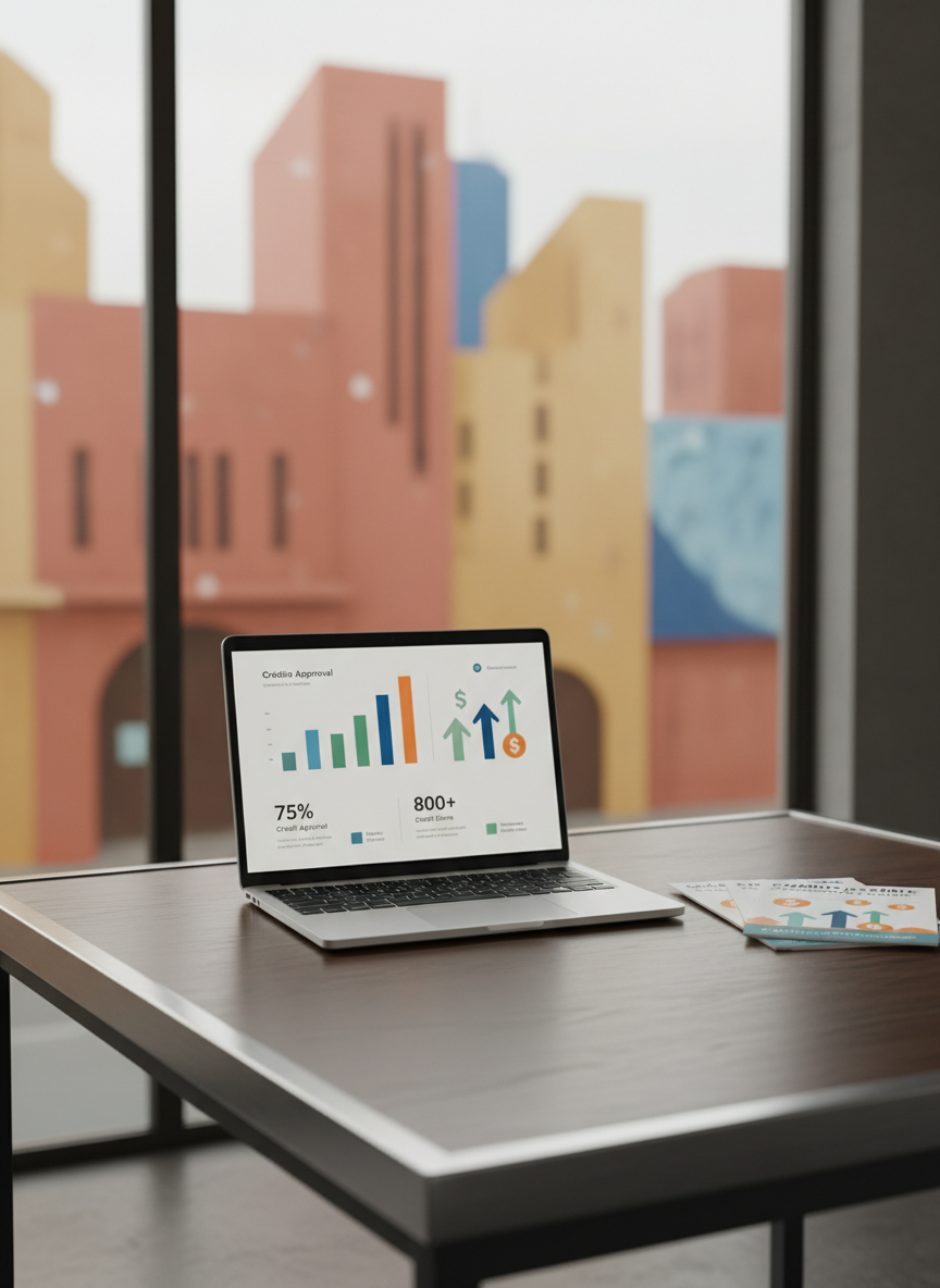 A sleek, modern financial consultation desk represented only by objects: a dark wood tabletop with a brushed metal edge, a slim silver laptop open to a clean dashboard of colorful bar charts and credit percentages, and a stack of neatly arranged bilingual brochures about accessible credit. In the background, a large window reveals an abstracted U.S. city skyline with subtle Latino neighborhood hints through warm color accents. Soft, diffused daylight pours in, creating gentle reflections on the laptop and tabletop. Photographic realism at eye level, with a shallow depth of field that blurs the city outside, conveying professionalism, clarity, and trust in Latino-focused financial solutions.