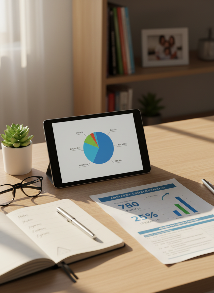 A close-up photographic scene of a tidy home office desktop symbolizing a Latino family planning their finances, without people present. On a light oak surface, a tablet shows a simplified, colorful budget pie chart next to a printed credit study report with clear percentage symbols and clean infographics. A small plant in a white ceramic pot adds warmth, while a pair of reading glasses rests neatly beside a pen and notebook. Soft afternoon light from an unseen window creates calm, elongated shadows. Shot from a slightly elevated angle with sharp detail on the financial documents and gentle background blur, the mood is organized, hopeful, and inclusive, ideal for a Latino finance education site.